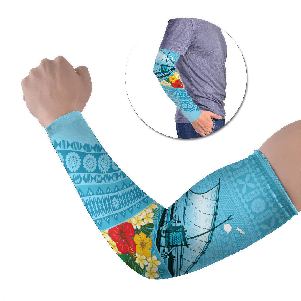Personalised Bula Vinaka Fiji Drua Arm Sleeves Fijian Traditional Canoe Tapa Cloth Blue
