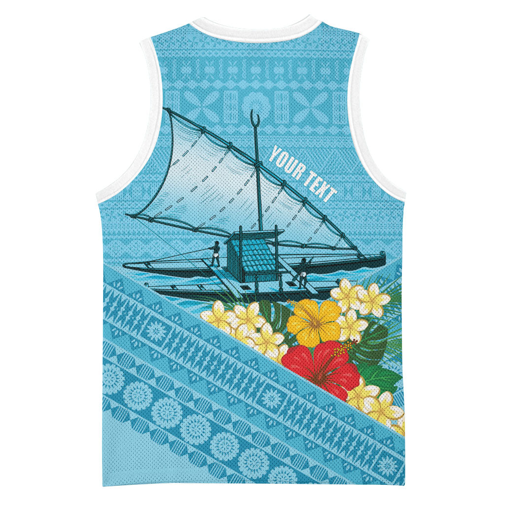Personalised Bula Vinaka Fiji Drua Basketball Jersey Fijian Traditional Canoe Tapa Cloth Blue