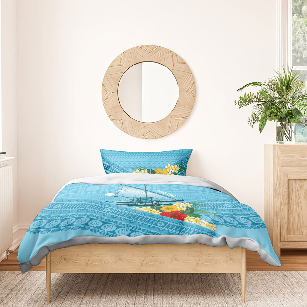 Personalised Bula Vinaka Fiji Drua Bedding Set Fijian Traditional Canoe Tapa Cloth Blue LT14 - Polynesian Pride