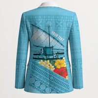 Personalised Bula Vinaka Fiji Drua Blazer Fijian Traditional Canoe Tapa Cloth Blue