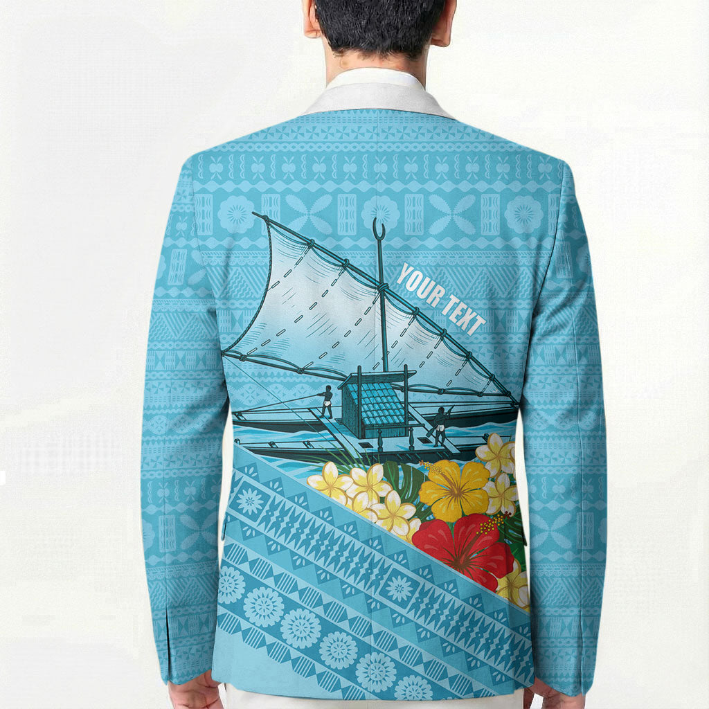 Personalised Bula Vinaka Fiji Drua Blazer Fijian Traditional Canoe Tapa Cloth Blue