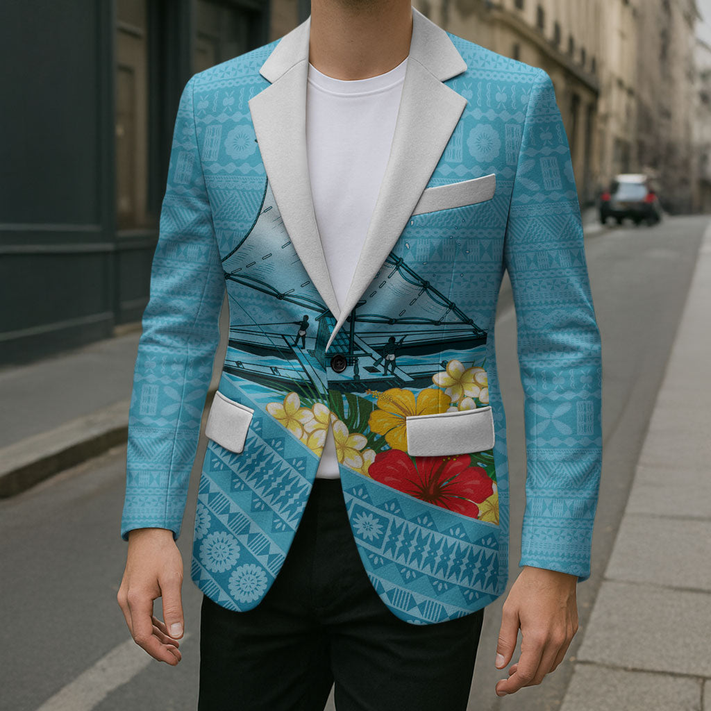 Personalised Bula Vinaka Fiji Drua Blazer Fijian Traditional Canoe Tapa Cloth Blue