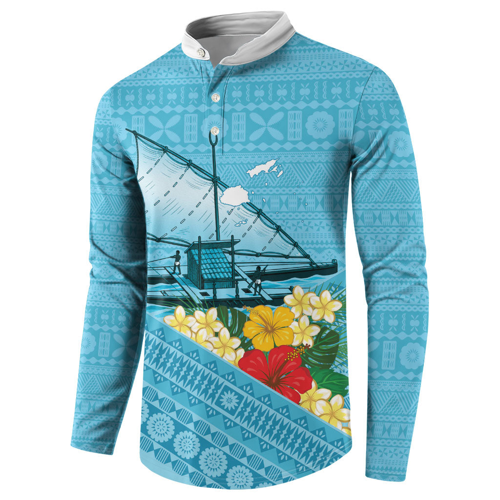 Personalised Bula Vinaka Fiji Drua Button Sweatshirt Fijian Traditional Canoe Tapa Cloth Blue