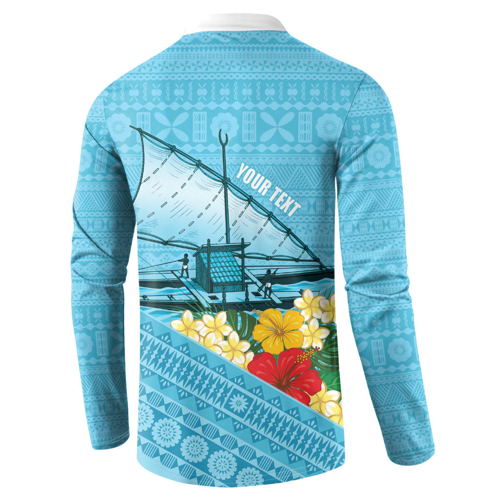 Personalised Bula Vinaka Fiji Drua Button Sweatshirt Fijian Traditional Canoe Tapa Cloth Blue