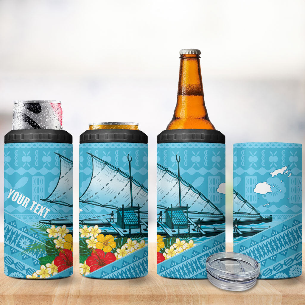 Personalised Bula Vinaka Fiji Drua 4 in 1 Can Cooler Tumbler Fijian Traditional Canoe Tapa Cloth Blue