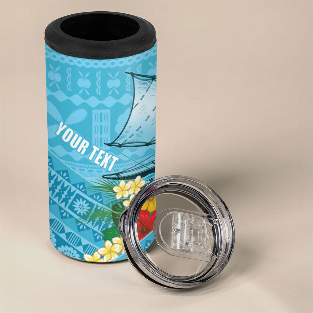 Personalised Bula Vinaka Fiji Drua 4 in 1 Can Cooler Tumbler Fijian Traditional Canoe Tapa Cloth Blue