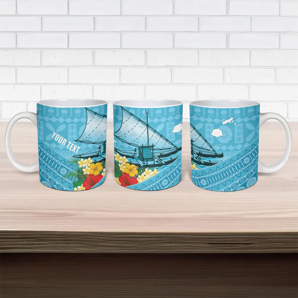 Personalised Bula Vinaka Fiji Drua Ceramic Mug Fijian Traditional Canoe Tapa Cloth Blue