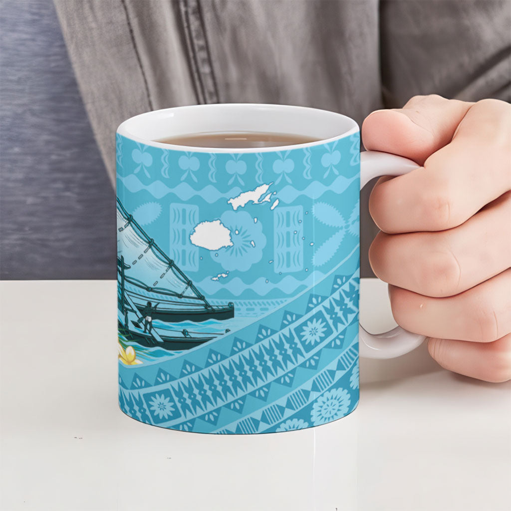 Personalised Bula Vinaka Fiji Drua Ceramic Mug Fijian Traditional Canoe Tapa Cloth Blue