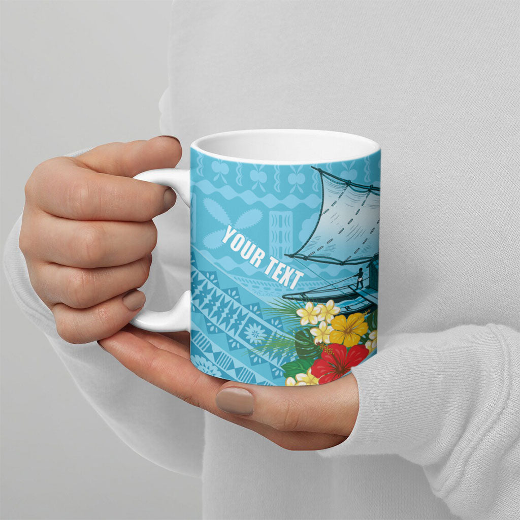 Personalised Bula Vinaka Fiji Drua Ceramic Mug Fijian Traditional Canoe Tapa Cloth Blue