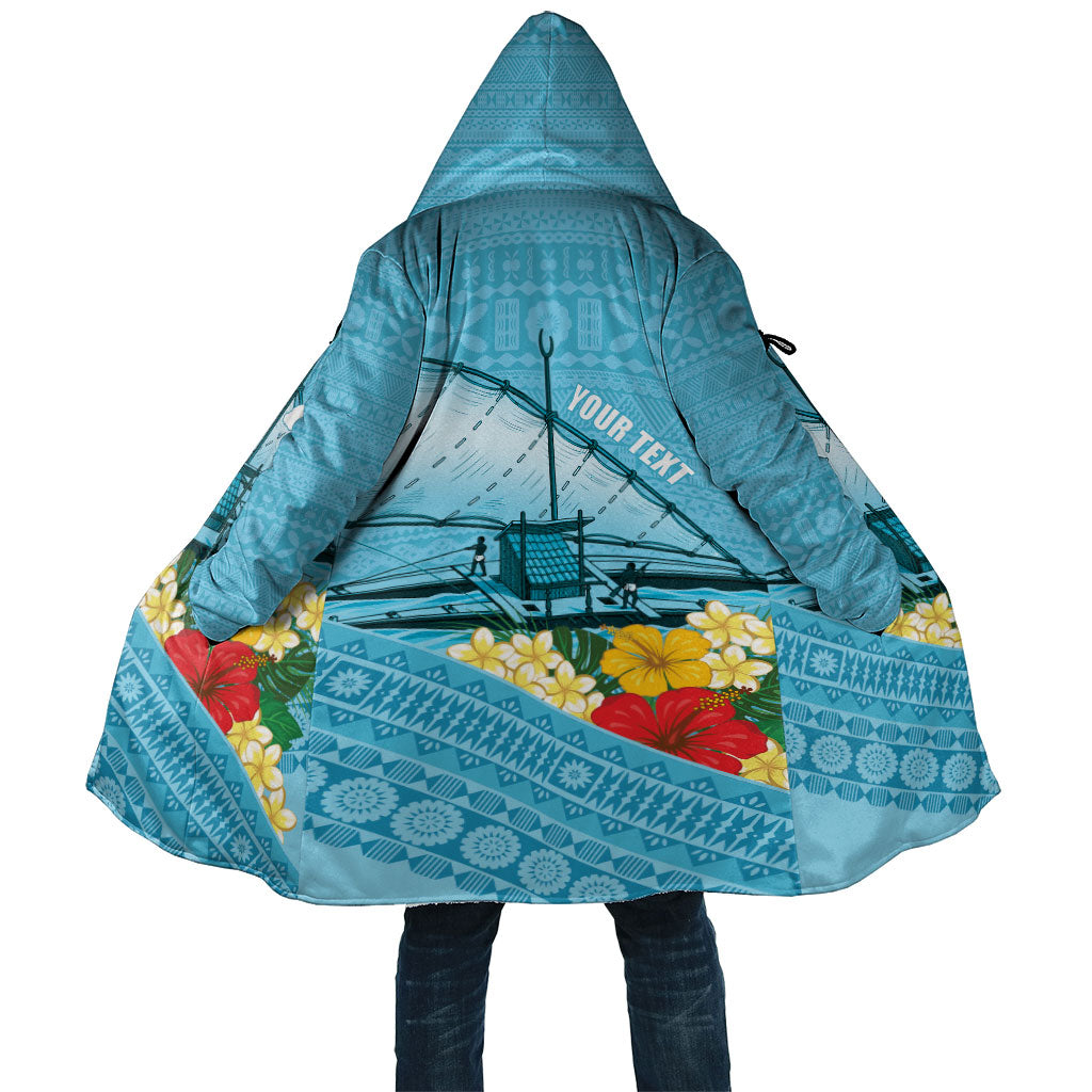 Personalised Bula Vinaka Fiji Drua Cloak Fijian Traditional Canoe Tapa Cloth Blue