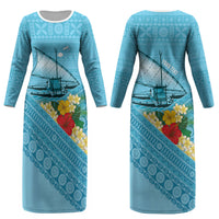 Personalised Bula Vinaka Fiji Drua Couples Matching Long Sleeve Bodycon Dress and Long Sleeve Button Shirt Fijian Traditional Canoe Tapa Cloth Blue LT14 - Polynesian Pride