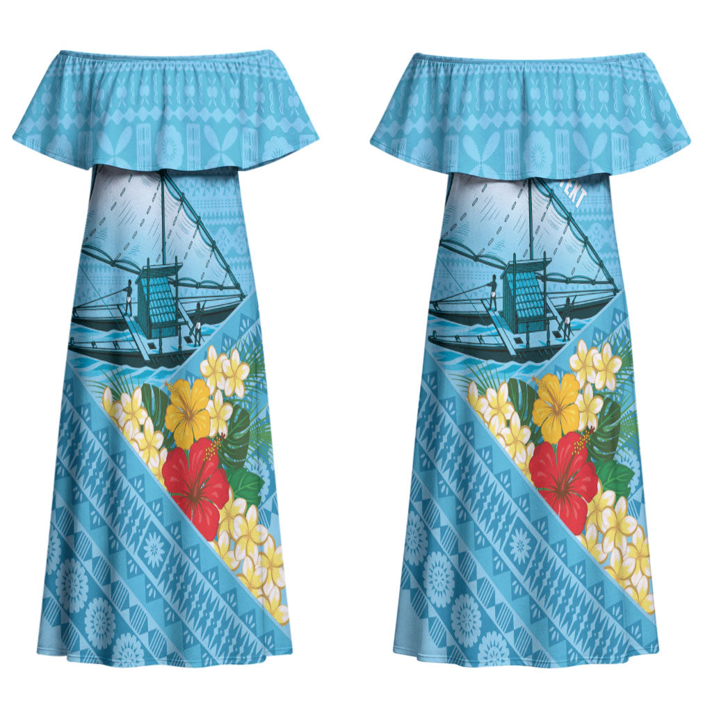 Personalised Bula Vinaka Fiji Drua Couples Matching Off Shoulder Maxi Dress and Hawaiian Shirt Fijian Traditional Canoe Tapa Cloth Blue LT14 - Polynesian Pride