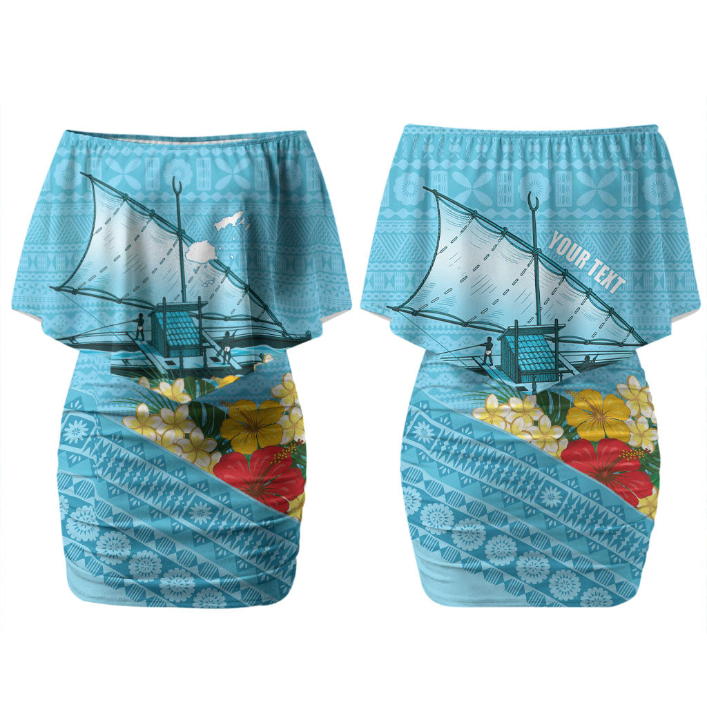 Personalised Bula Vinaka Fiji Drua Couples Matching Off Shoulder Short Dress and Hawaiian Shirt Fijian Traditional Canoe Tapa Cloth Blue LT14 - Polynesian Pride