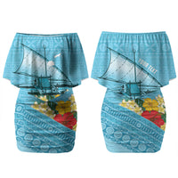 Personalised Bula Vinaka Fiji Drua Couples Matching Off Shoulder Short Dress and Hawaiian Shirt Fijian Traditional Canoe Tapa Cloth Blue LT14 - Polynesian Pride