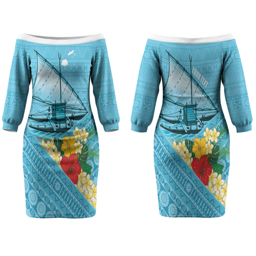 Personalised Bula Vinaka Fiji Drua Couples Matching Off The Shoulder Long Sleeve Dress and Long Sleeve Button Shirt Fijian Traditional Canoe Tapa Cloth Blue LT14 - Polynesian Pride