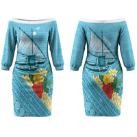 Personalised Bula Vinaka Fiji Drua Couples Matching Off The Shoulder Long Sleeve Dress and Long Sleeve Button Shirt Fijian Traditional Canoe Tapa Cloth Blue LT14 - Polynesian Pride