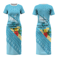 Personalised Bula Vinaka Fiji Drua Couples Matching Short Sleeve Bodycon Dress and Long Sleeve Button Shirt Fijian Traditional Canoe Tapa Cloth Blue LT14 - Polynesian Pride