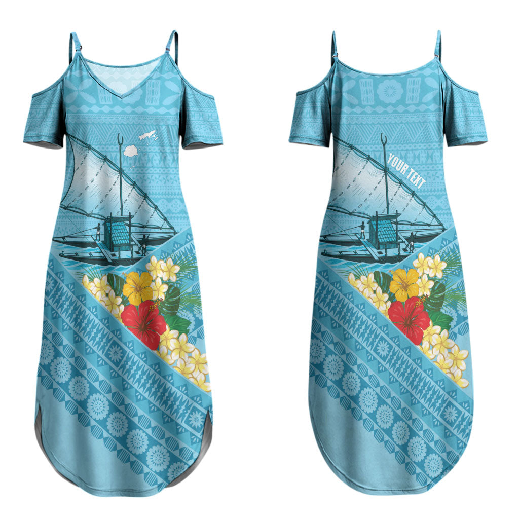 Personalised Bula Vinaka Fiji Drua Couples Matching Summer Maxi Dress and Hawaiian Shirt Fijian Traditional Canoe Tapa Cloth Blue LT14 - Polynesian Pride