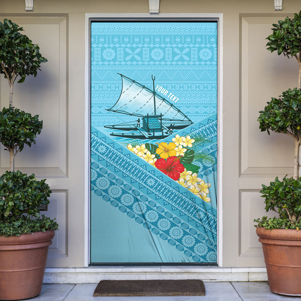 Personalised Bula Vinaka Fiji Drua Door Cover Fijian Traditional Canoe Tapa Cloth Blue