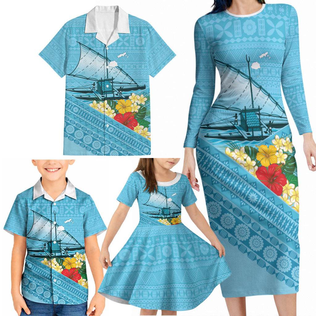 Personalised Bula Vinaka Fiji Drua Family Matching Long Sleeve Bodycon Dress and Hawaiian Shirt Fijian Traditional Canoe Tapa Cloth Blue