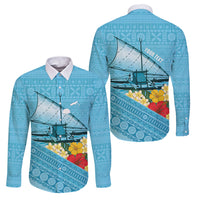 Personalised Bula Vinaka Fiji Drua Family Matching Puletasi and Hawaiian Shirt Fijian Traditional Canoe Tapa Cloth Blue LT14 Dad's Shirt - Long Sleeve Blue - Polynesian Pride