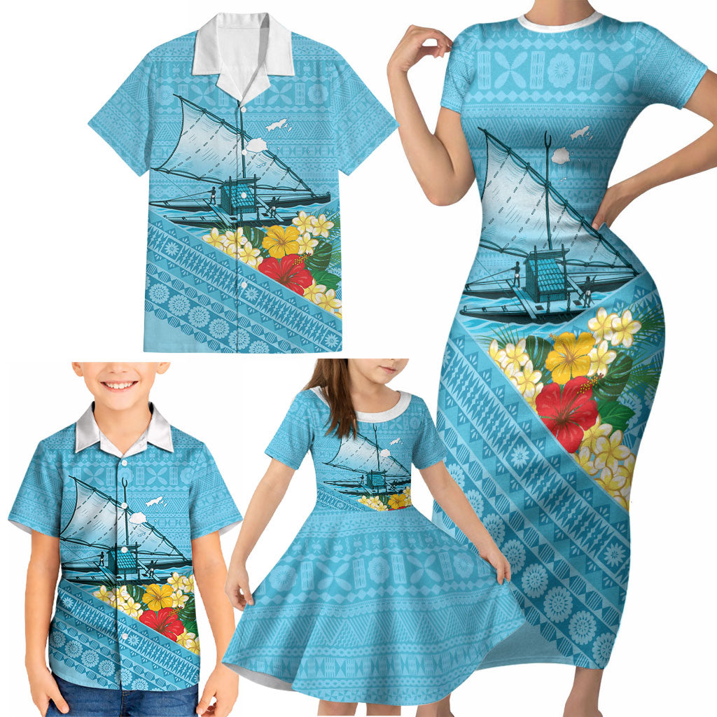 Personalised Bula Vinaka Fiji Drua Family Matching Short Sleeve Bodycon Dress and Hawaiian Shirt Fijian Traditional Canoe Tapa Cloth Blue