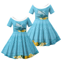 Personalised Bula Vinaka Fiji Drua Family Matching Short Sleeve Bodycon Dress and Hawaiian Shirt Fijian Traditional Canoe Tapa Cloth Blue LT14 Daughter's Dress Blue - Polynesian Pride