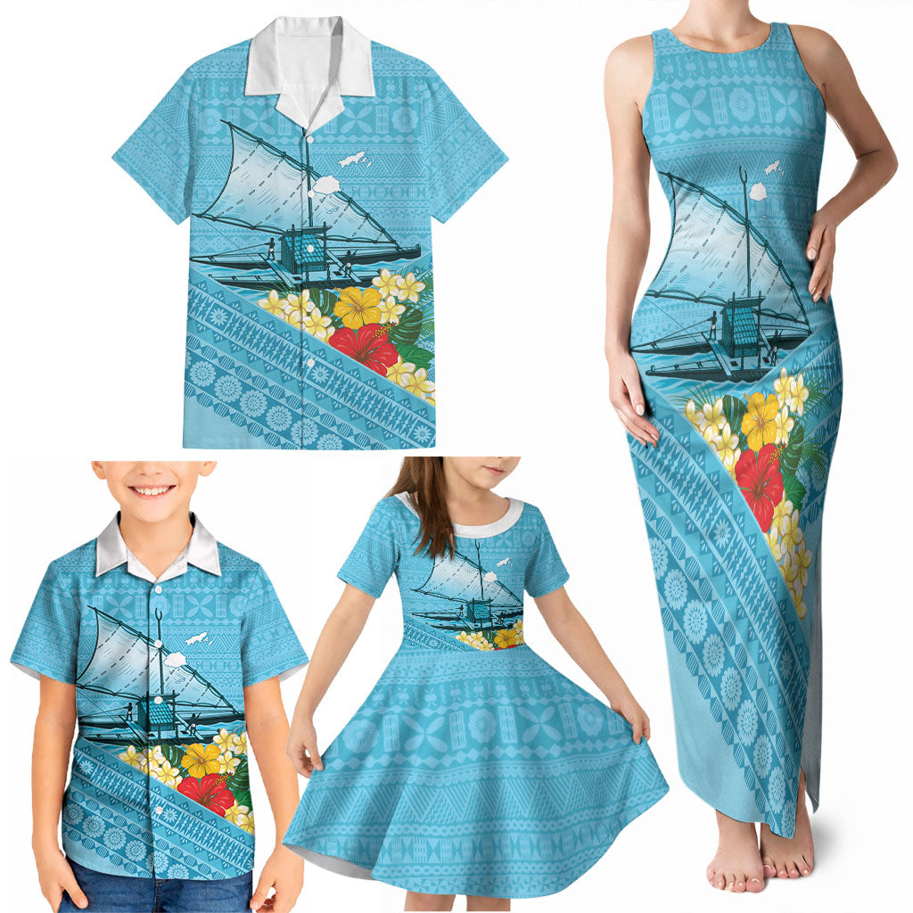 Personalised Bula Vinaka Fiji Drua Family Matching Tank Maxi Dress and Hawaiian Shirt Fijian Traditional Canoe Tapa Cloth Blue