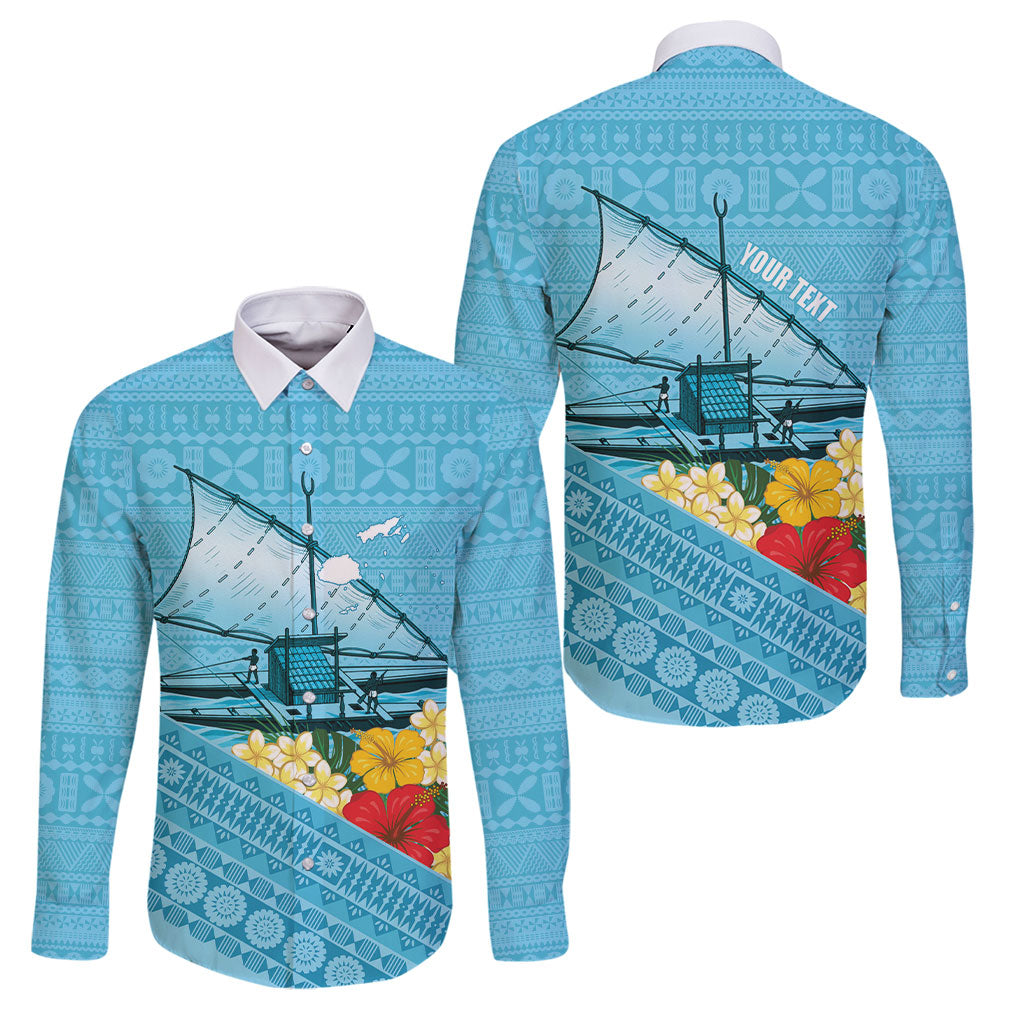 Personalised Bula Vinaka Fiji Drua Family Matching Tank Maxi Dress and Hawaiian Shirt Fijian Traditional Canoe Tapa Cloth Blue LT14 Dad's Shirt - Long Sleeve Blue - Polynesian Pride
