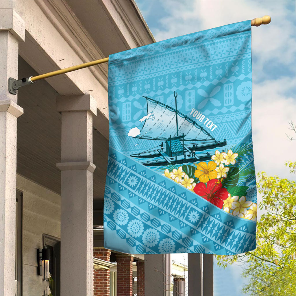 Personalised Bula Vinaka Fiji Drua Garden Flag Fijian Traditional Canoe Tapa Cloth Blue