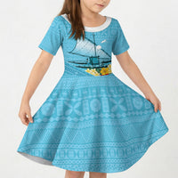 Personalised Bula Vinaka Fiji Drua Kid Short Sleeve Dress Fijian Traditional Canoe Tapa Cloth Blue