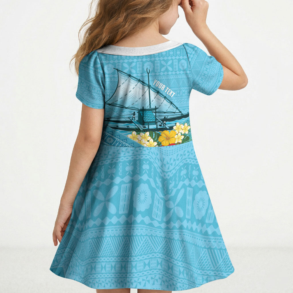 Personalised Bula Vinaka Fiji Drua Kid Short Sleeve Dress Fijian Traditional Canoe Tapa Cloth Blue