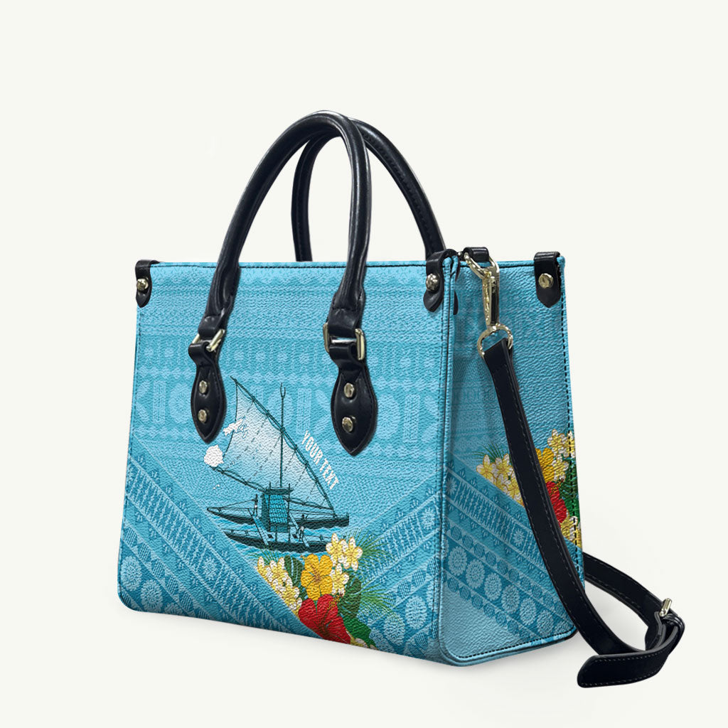 Personalised Bula Vinaka Fiji Drua Leather Bag Fijian Traditional Canoe Tapa Cloth Blue