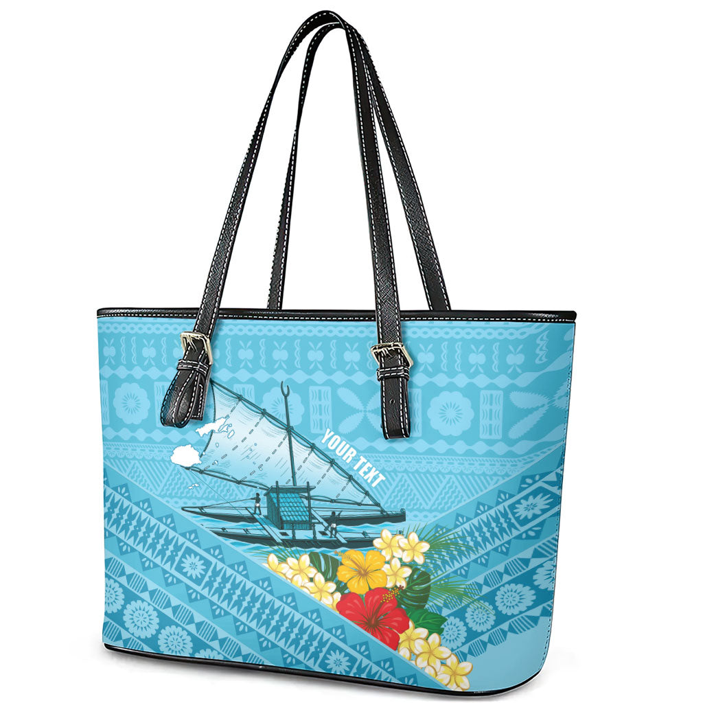 Personalised Bula Vinaka Fiji Drua Leather Tote Bag Fijian Traditional Canoe Tapa Cloth Blue