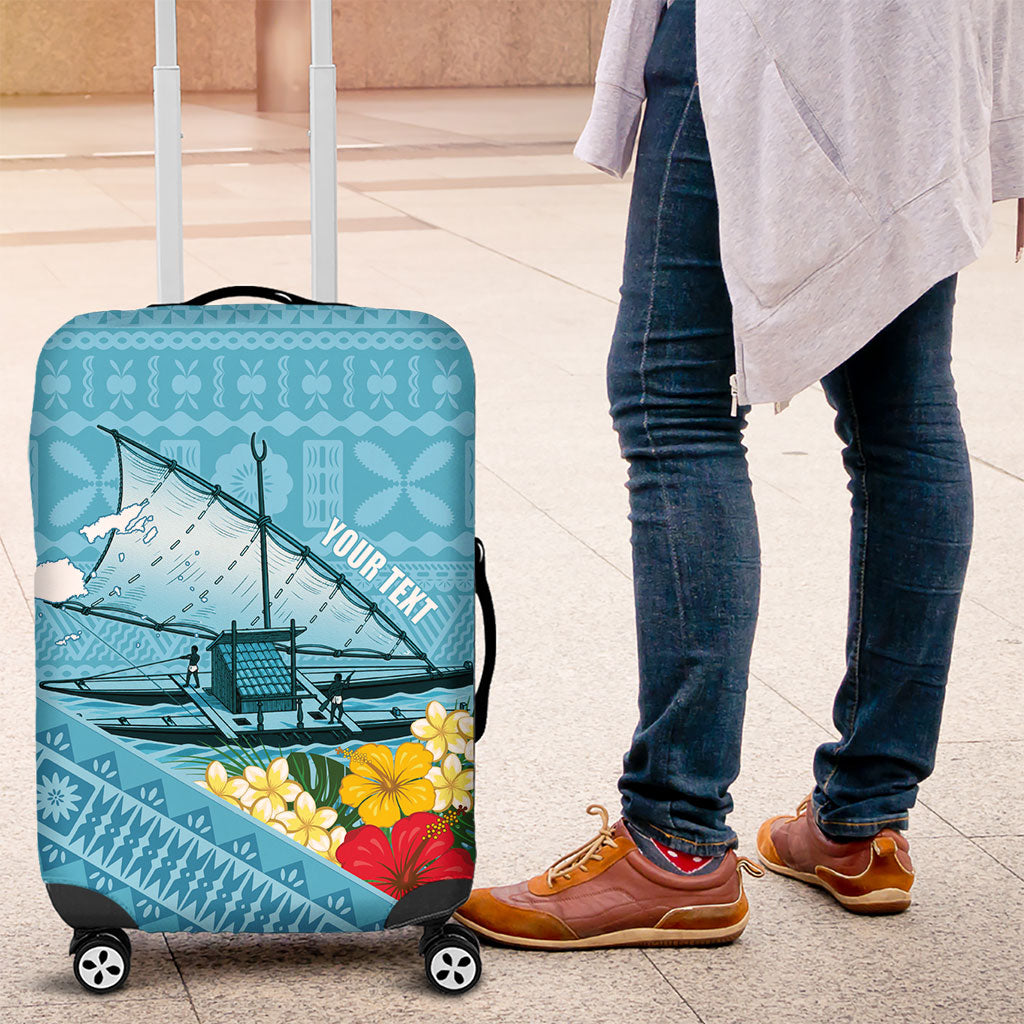Personalised Bula Vinaka Fiji Drua Luggage Cover Fijian Traditional Canoe Tapa Cloth Blue