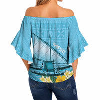 Personalised Bula Vinaka Fiji Drua Off Shoulder Wrap Waist Top Fijian Traditional Canoe Tapa Cloth Blue