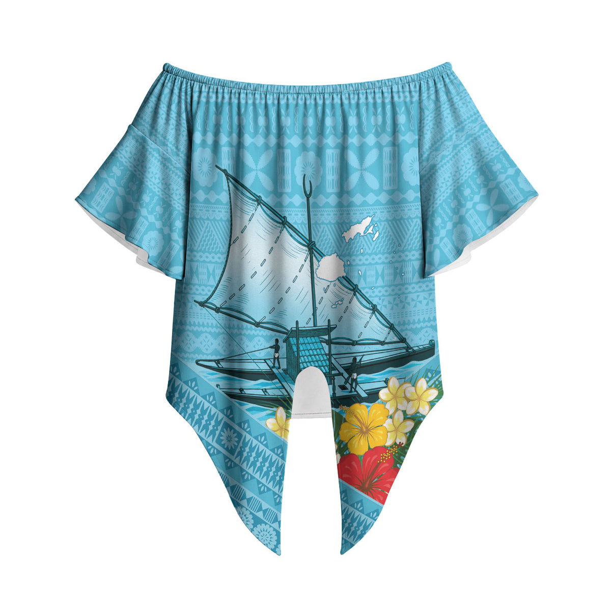 Personalised Bula Vinaka Fiji Drua Off Shoulder Wrap Waist Top Fijian Traditional Canoe Tapa Cloth Blue