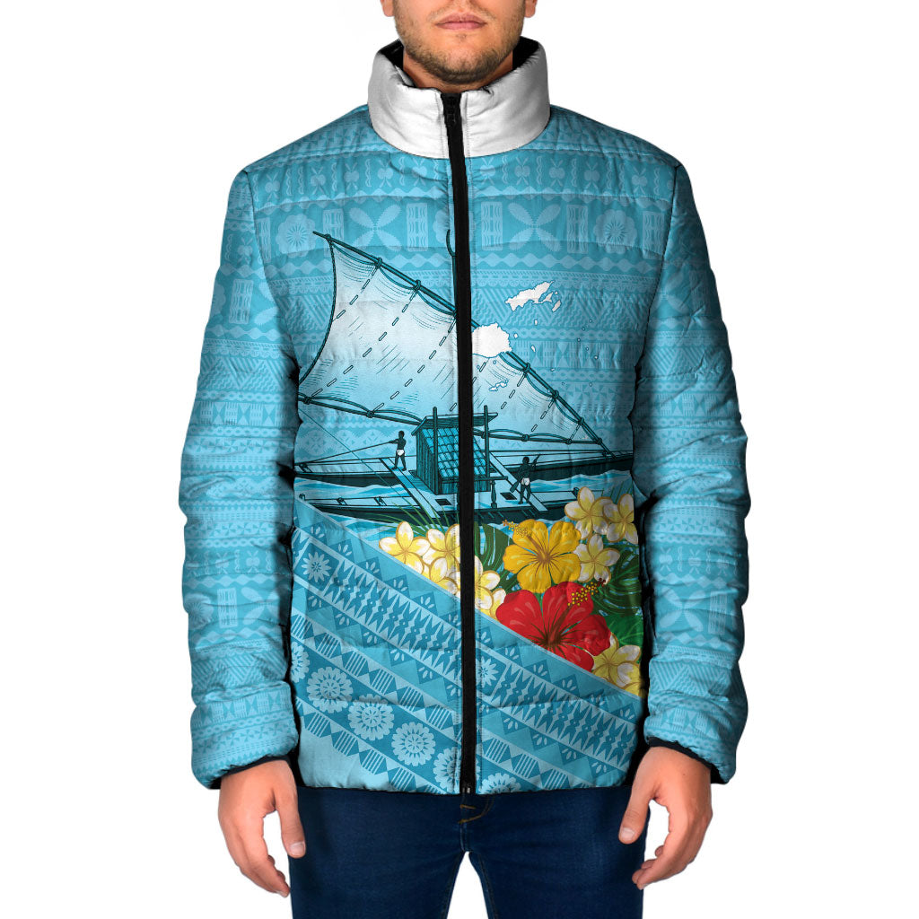 Personalised Bula Vinaka Fiji Drua Padded Jacket Fijian Traditional Canoe Tapa Cloth Blue