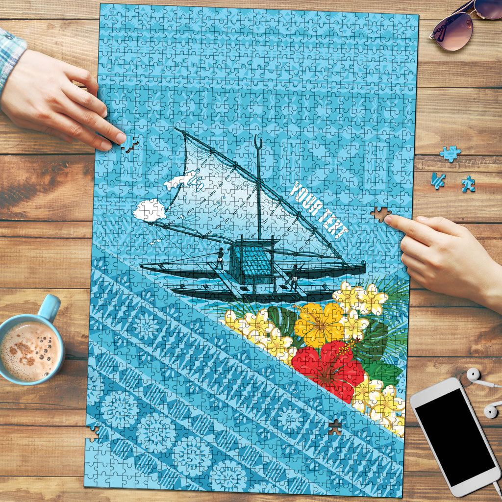 Personalised Bula Vinaka Fiji Drua Puzzle Fijian Traditional Canoe Tapa Cloth Blue
