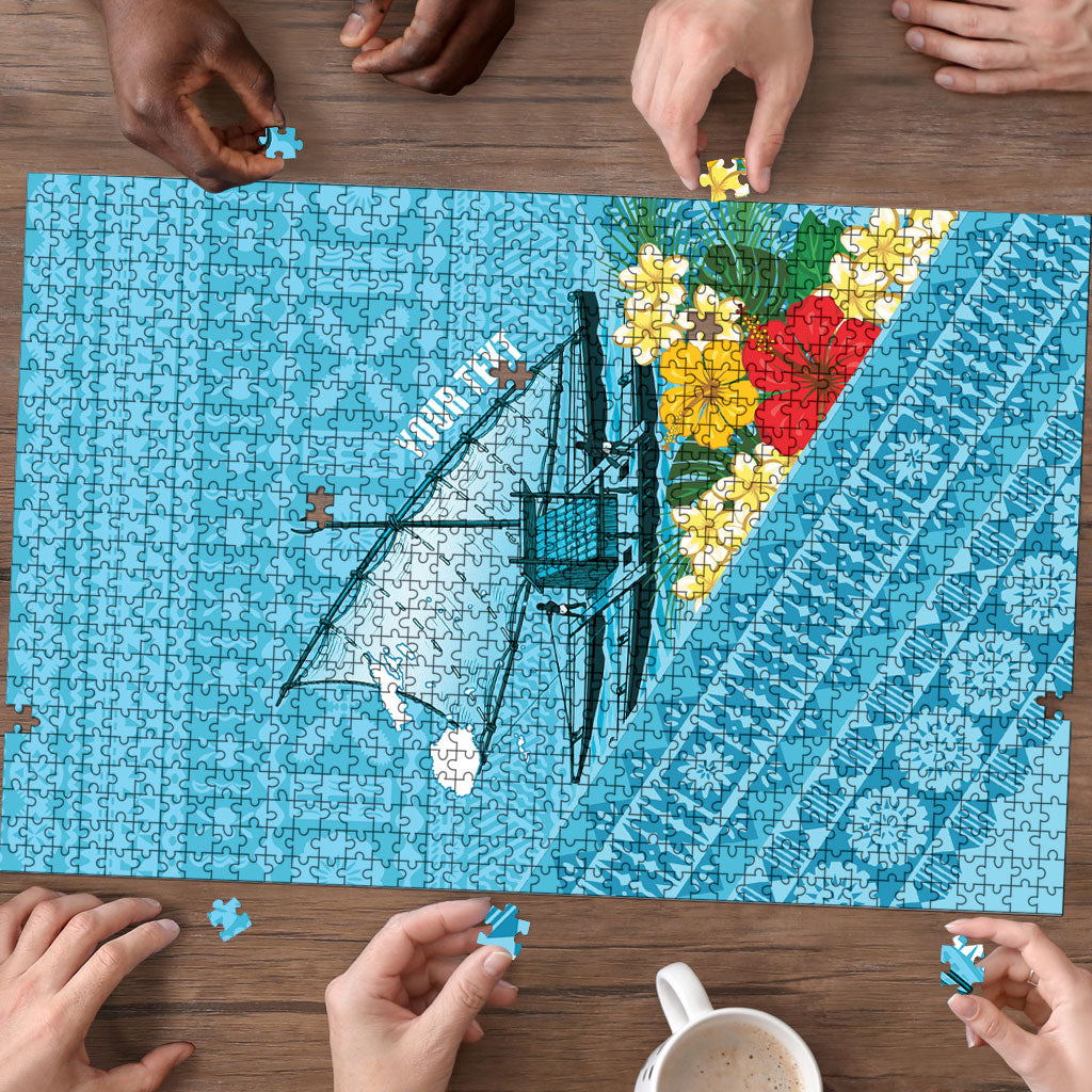 Personalised Bula Vinaka Fiji Drua Puzzle Fijian Traditional Canoe Tapa Cloth Blue