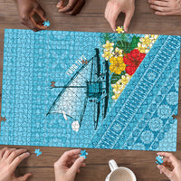 Personalised Bula Vinaka Fiji Drua Puzzle Fijian Traditional Canoe Tapa Cloth Blue
