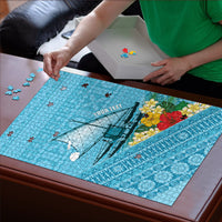 Personalised Bula Vinaka Fiji Drua Puzzle Fijian Traditional Canoe Tapa Cloth Blue