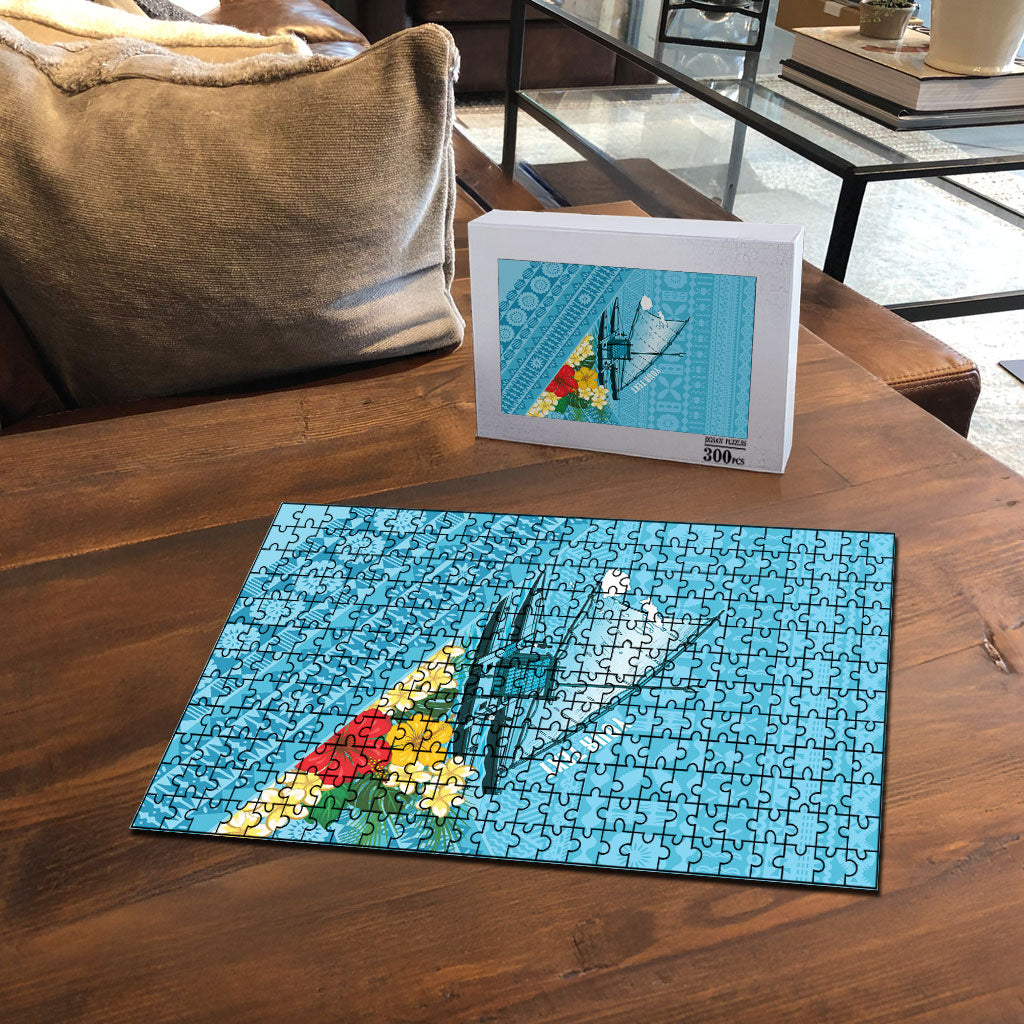 Personalised Bula Vinaka Fiji Drua Puzzle Fijian Traditional Canoe Tapa Cloth Blue