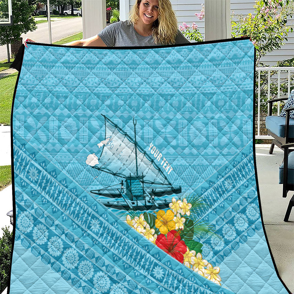 Personalised Bula Vinaka Fiji Drua Quilt Fijian Traditional Canoe Tapa Cloth Blue