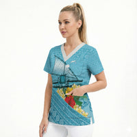 Personalised Bula Vinaka Fiji Drua Scrub Top Fijian Traditional Canoe Tapa Cloth Blue