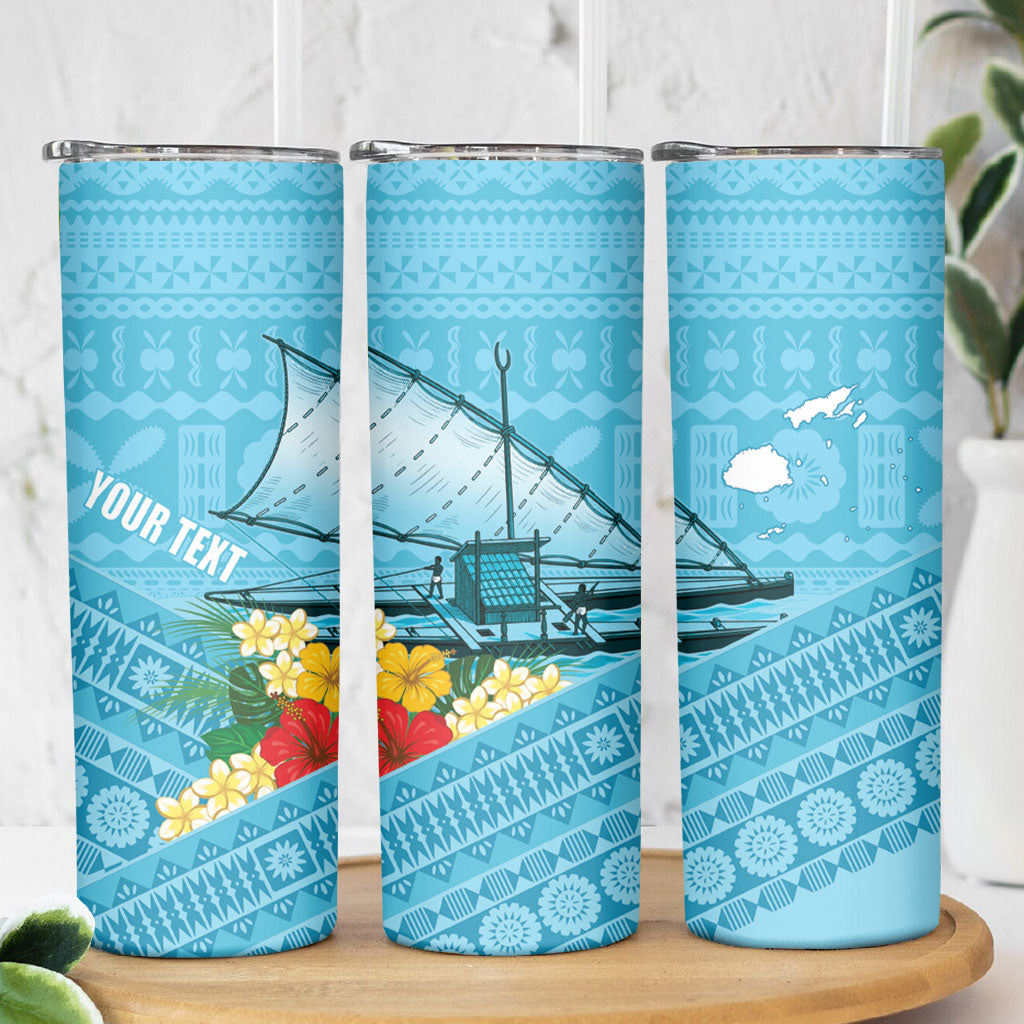 Personalised Bula Vinaka Fiji Drua Skinny Tumbler Fijian Traditional Canoe Tapa Cloth Blue