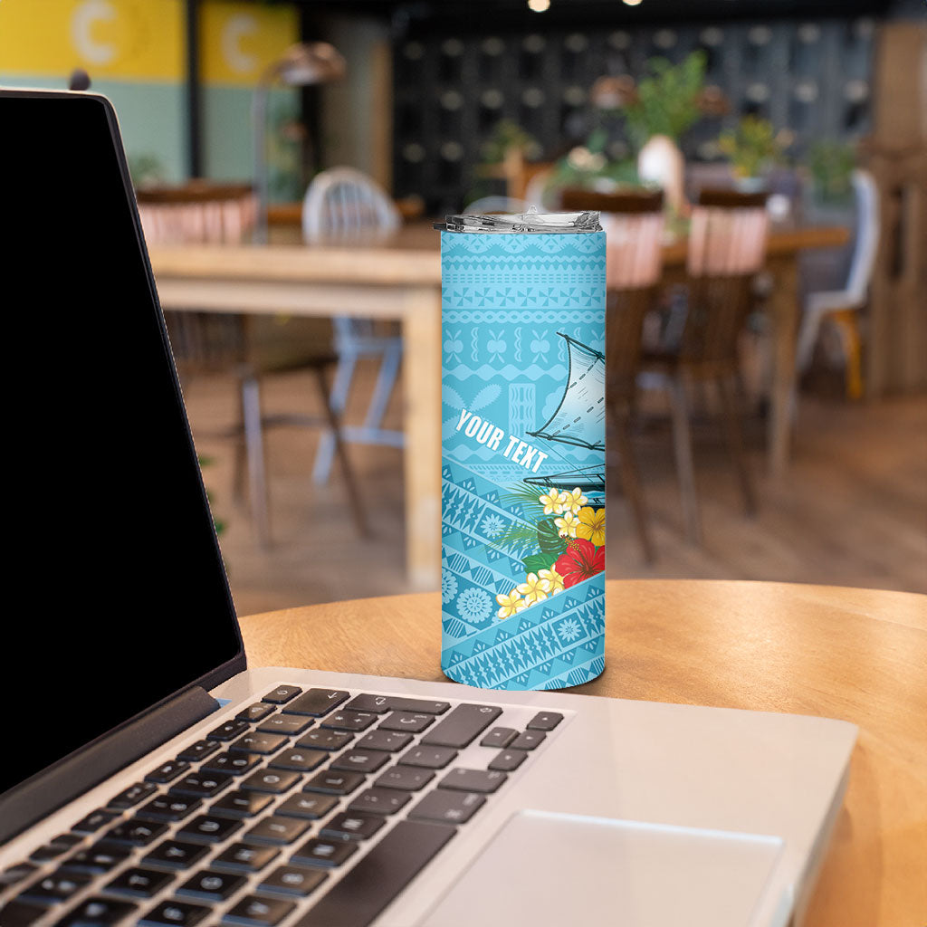 Personalised Bula Vinaka Fiji Drua Skinny Tumbler Fijian Traditional Canoe Tapa Cloth Blue