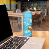 Personalised Bula Vinaka Fiji Drua Skinny Tumbler Fijian Traditional Canoe Tapa Cloth Blue