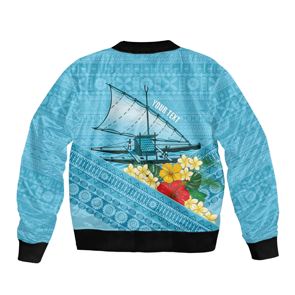 Personalised Bula Vinaka Fiji Drua Sleeve Zip Bomber Jacket Fijian Traditional Canoe Tapa Cloth Blue LT14 - Polynesian Pride