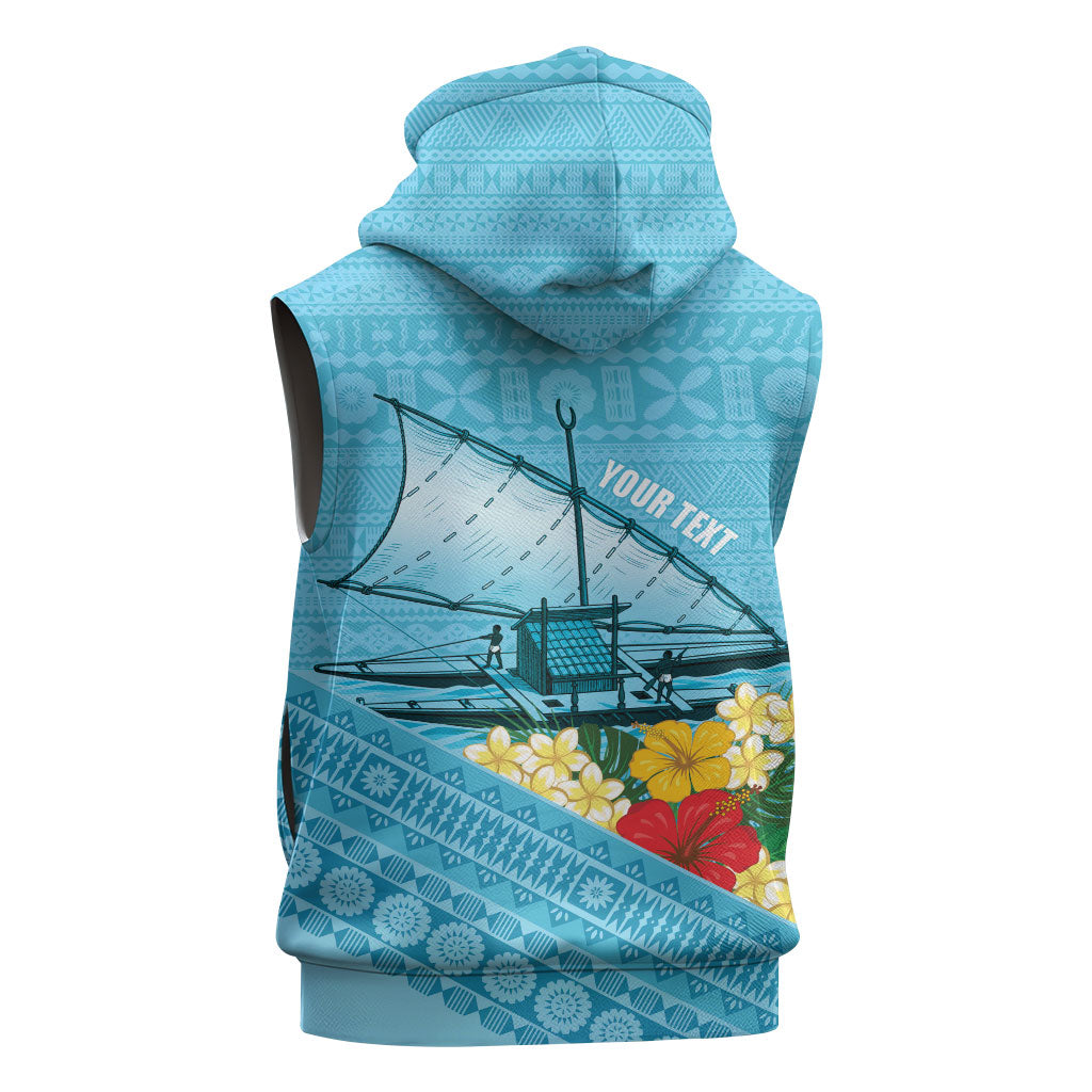 Personalised Bula Vinaka Fiji Drua Sleeveless Hoodie Fijian Traditional Canoe Tapa Cloth Blue